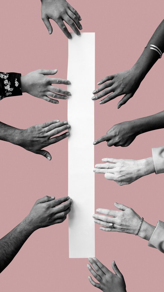 Hands of many different people reaching in from every side toward a single point